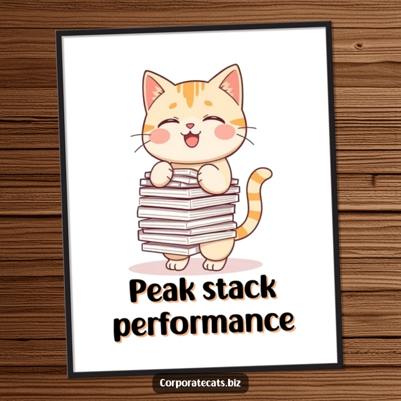 Funny digital art print of a cat hilariously balancing a tall stack of papers, ready to be printed and framed.