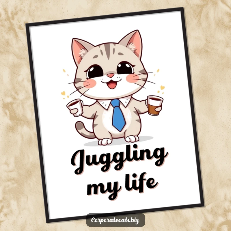 Funny cat character in a tiny tie, grinning and juggling coffee cups, as a digital art print, conveying coffee humor and multitasking, perfect for gifting.