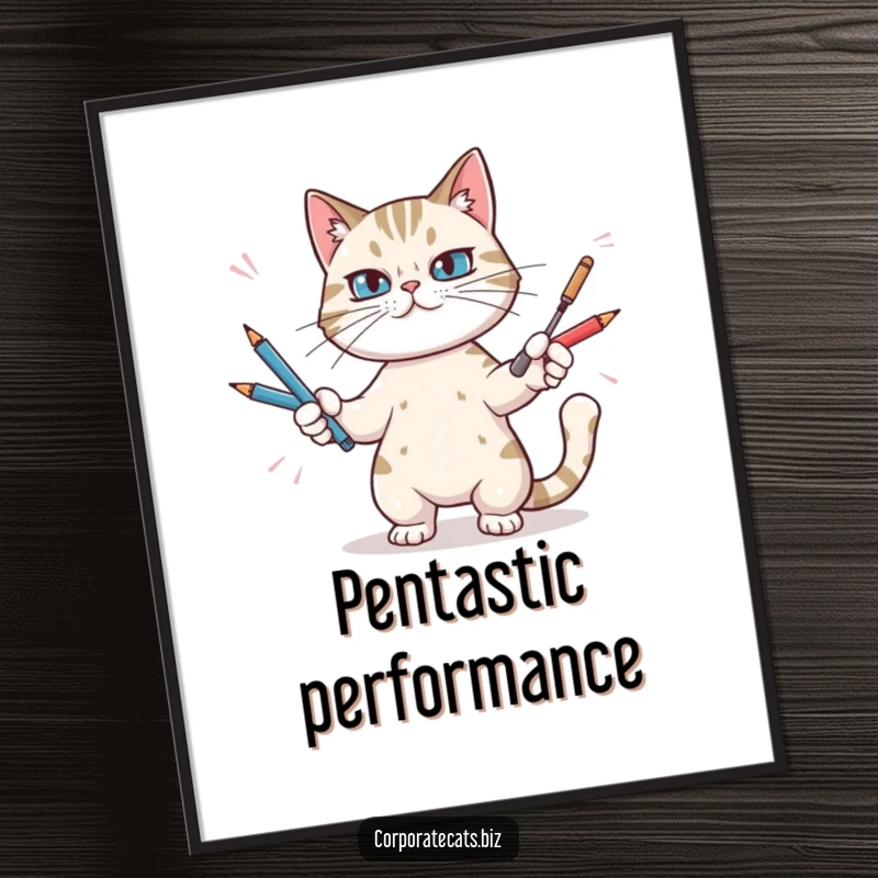 Funny digital art print of a determined cat juggling an array of pens, bringing humorous office vibes to any room.