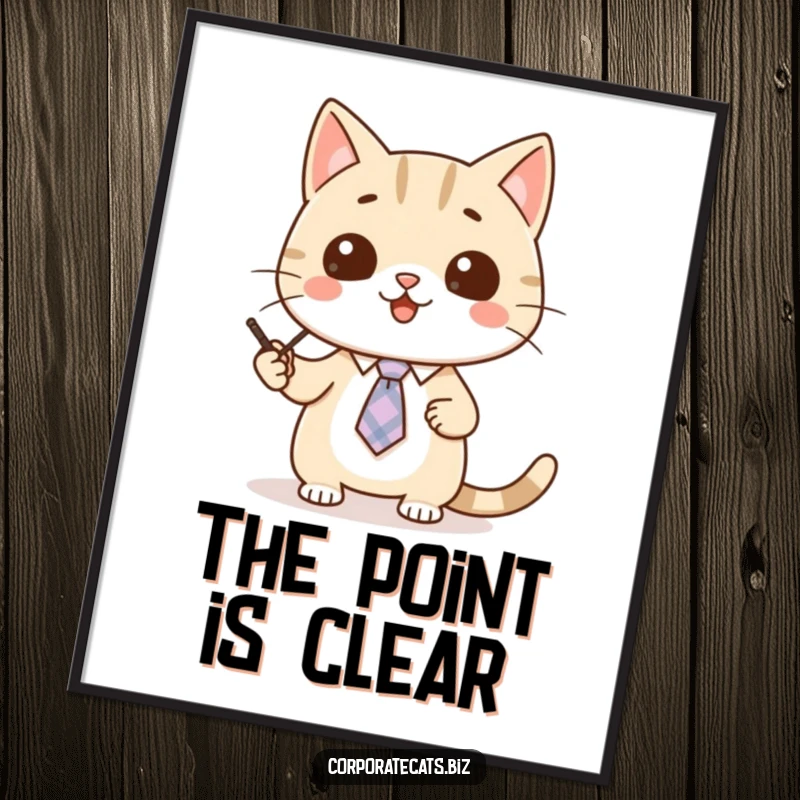 Funny cat digital art print showing a cute cat character wearing a tiny tie, enthusiastically giving a presentation.