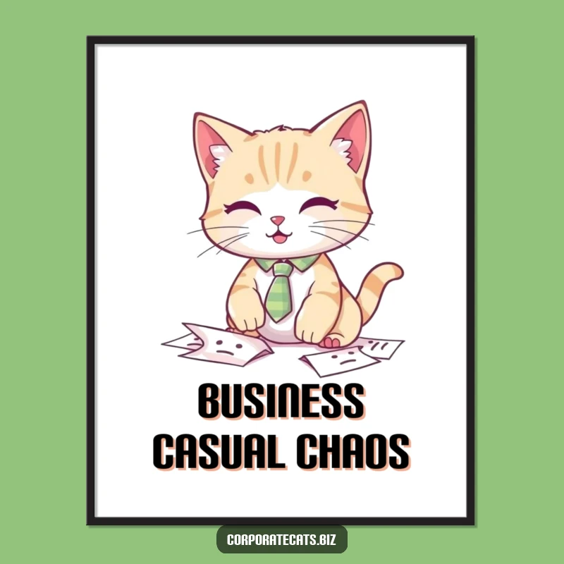 Funny Cat Tie Digital Print: Fumbling Papers Art, Instant Office Gift