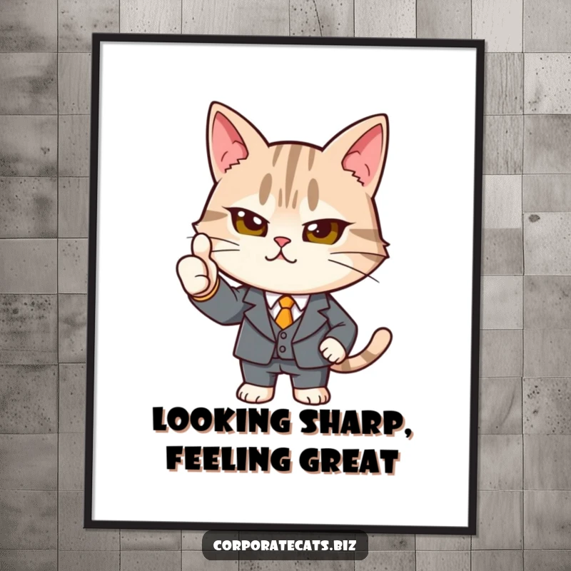 Funny determined cat digital art print of a cat in a suit giving a thumbs-up, offering instant humorous decor and professional motivation.