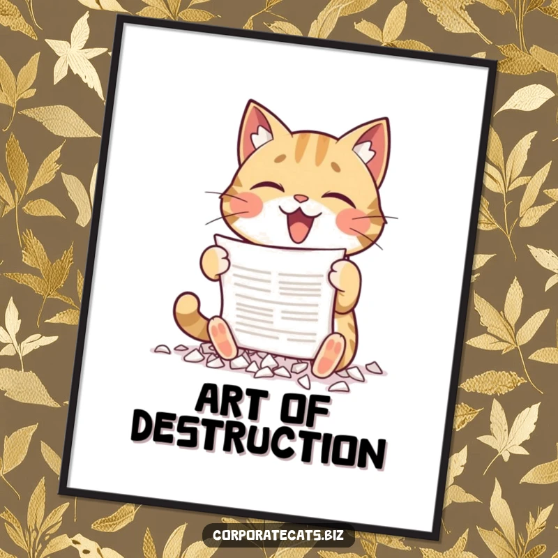 Funny digital art print of a cat gleefully shredding a document with its paws, perfect for instant humorous wall decor.