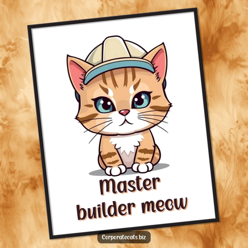 Funny digital art print of a determined cat wearing a hard hat, ready for any task with a humorous construction vibe.
