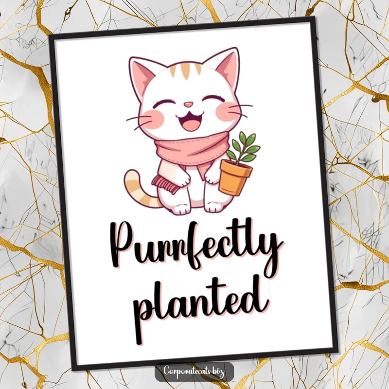 Funny joyful cat digital art print, wearing a tiny scarf and holding a plant pot, adding cheerful plant-themed art.