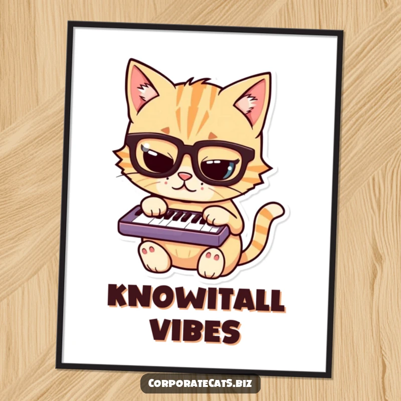 Funny cat digital art print of a mischievous cat wearing glasses, playing a miniature keyboard with intense focus.