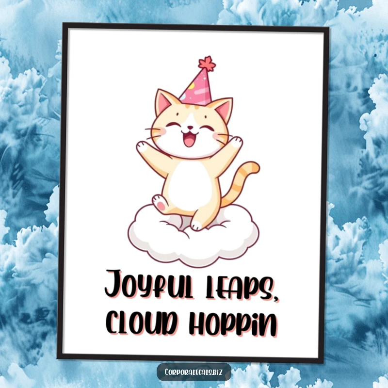 Funny cat in a party hat dancing joyfully on a cloud, instantly downloadable cheerful art. A great funny gift.