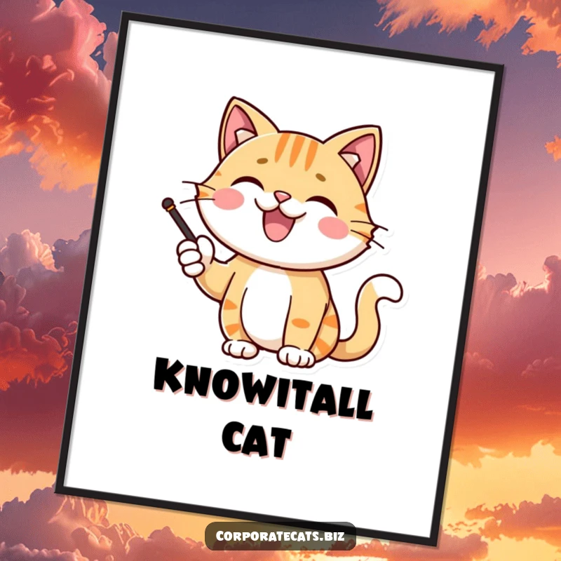 Funny joyful cat character giving a presentation with a pointer, as a digital art print, conveying confidence and smart humor, perfect for gifting.