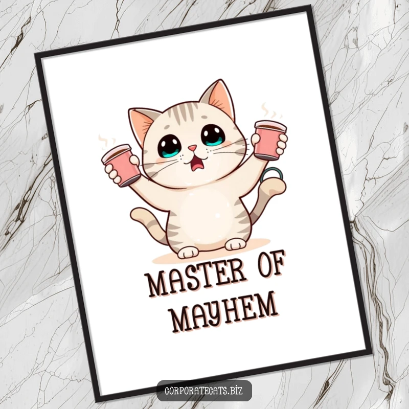 Funny digital art of a startled cat character juggling tiny coffee cups. High-resolution, humorous, and instantly downloadable.