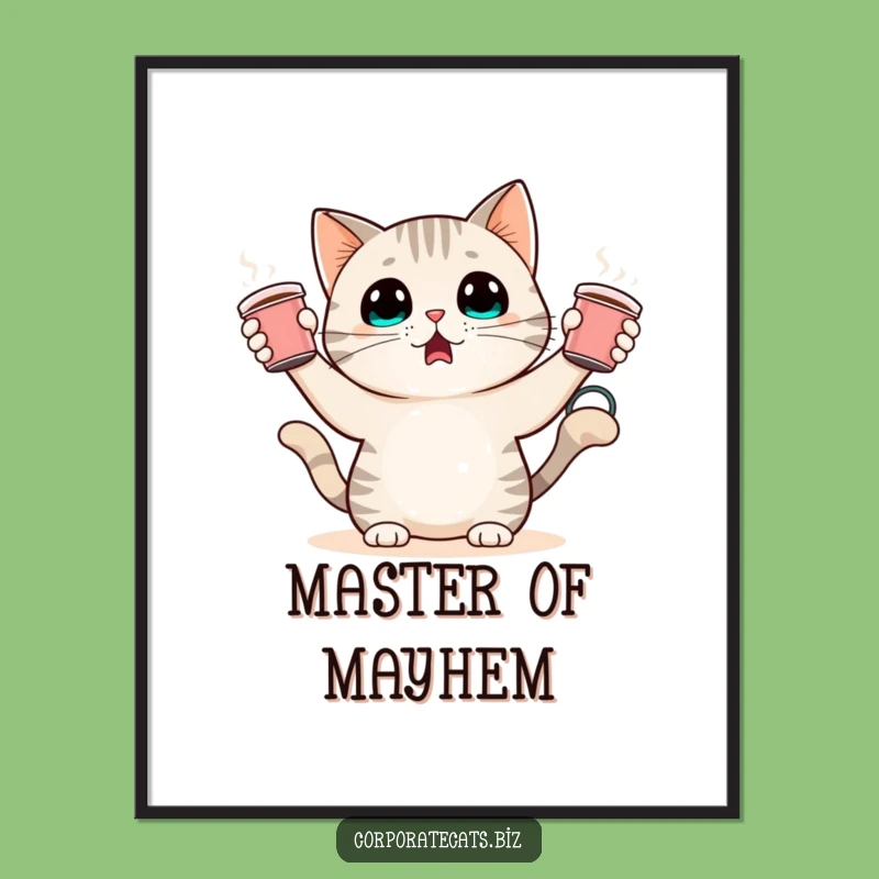 Funny Surprised Cat Digital Art: Juggling Coffee Cups, Instant Hilarious Decor Download