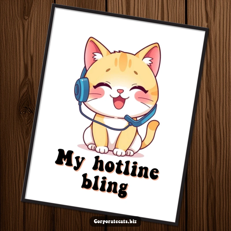 Funny digital art print of a delighted cat wearing a headset, on a pretend phone call, perfect for humorous wall decor.