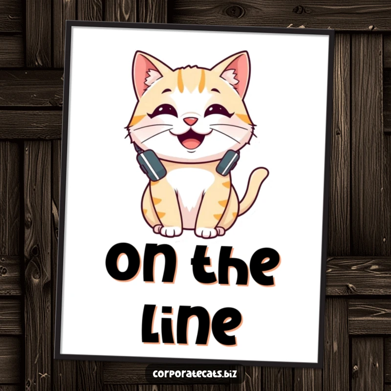 Funny digital art print of a cheerful cat with a headset, talking, offering instant humor and personality to your walls.