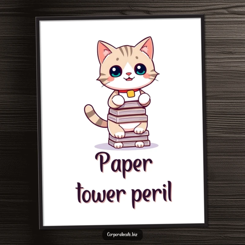 Funny cat digital art, a playful cat with a name tag balancing a stack of documents, capturing the essence of work stress humorously.