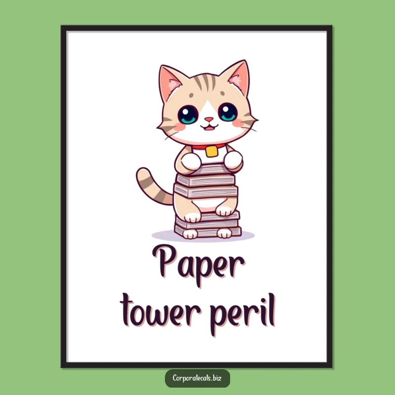 Funny Cat Digital Art: Playful Document Balancing Kitten Print, Humorous Gift