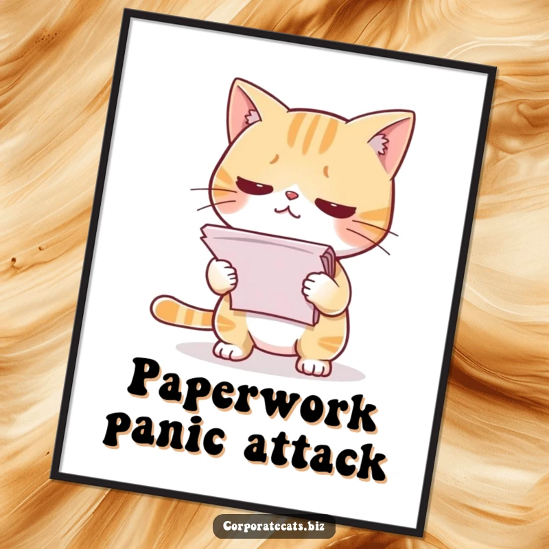 Funny digital art print of a timid cat nervously presenting a stack of papers, perfect for relatable office decor.