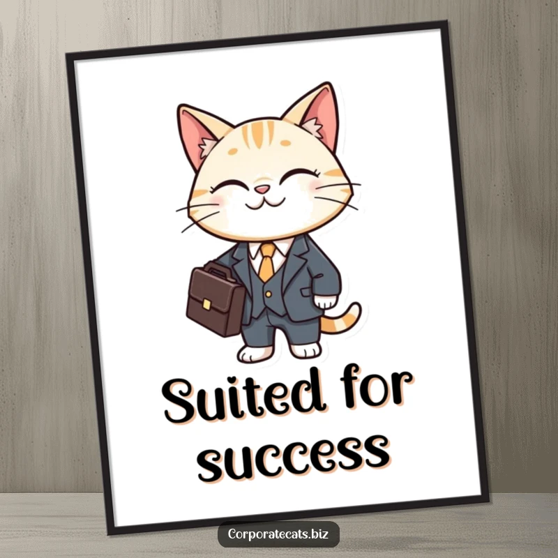 Funny cat digital art print showing a smiling feline character dressed in a tiny business suit, holding a briefcase.