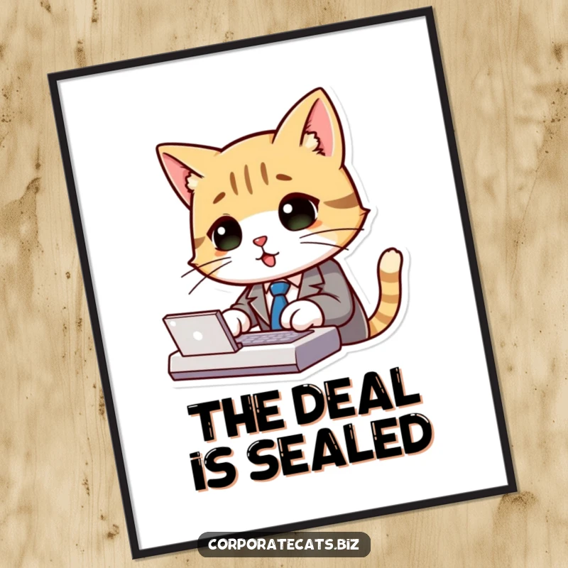 Cute cat in a suit and tie typing enthusiastically on a keyboard, available as a digital art print.