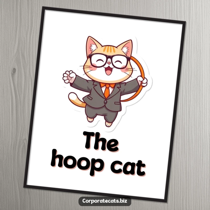 Funny digital art print of a cheerful cat wearing a suit and glasses, jumping through a hoop, symbolizing performance and humor.