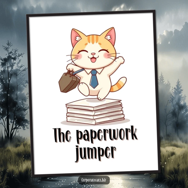 Funny digital art print of a smiling cat wearing a tie, holding a briefcase, and leaping over papers, symbolizing business agility.