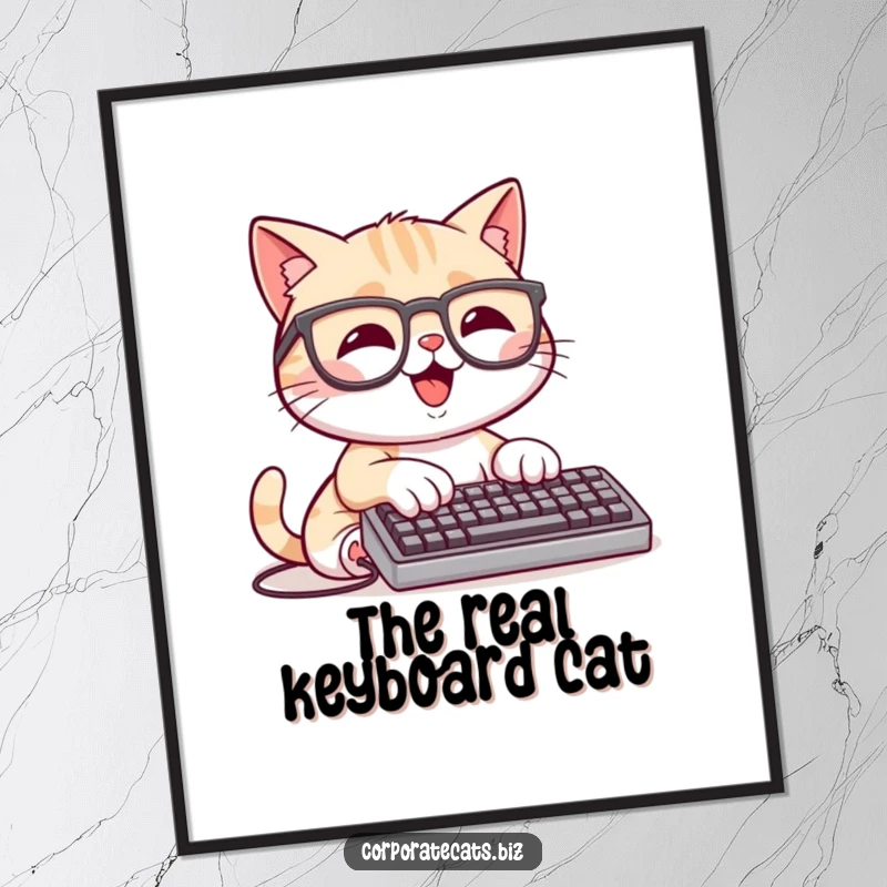 Funny Coder Cat Digital Art: a happy cat character wearing glasses and typing on a tiny keyboard, downloading art print.