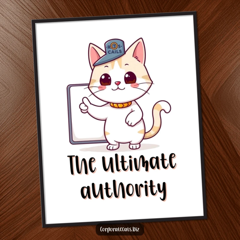Funny digital art print of a proud cat wearing a small boss hat, pointing authoritatively, perfect for humorous and motivational wall decor.