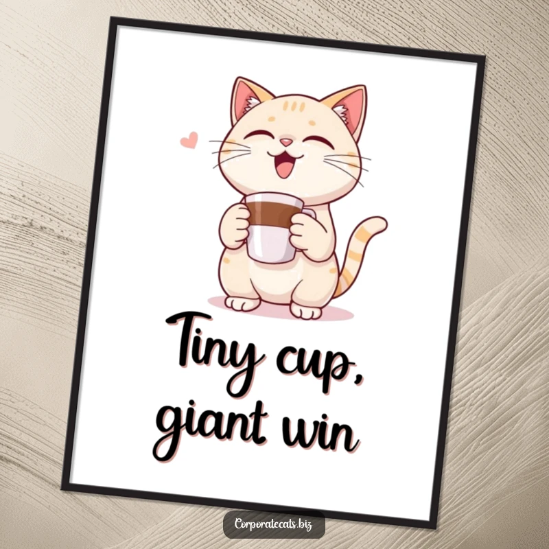 Funny digital art print of a cat character triumphantly holding a miniature coffee cup, perfect for instant humorous wall decor.