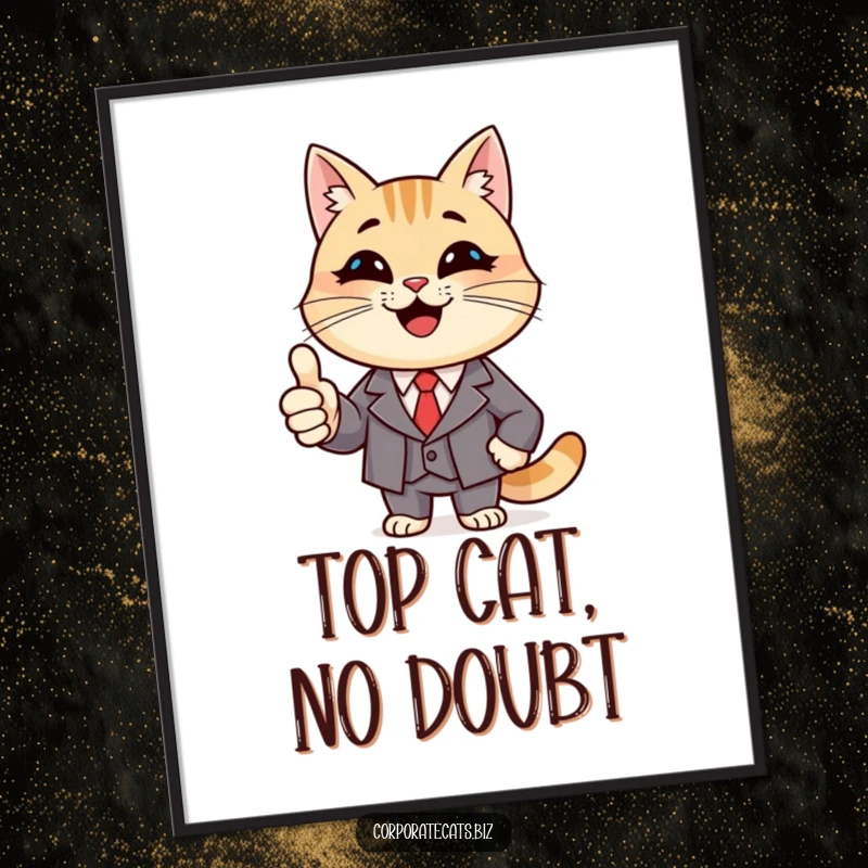 Funny Boss Cat Digital Art: a smiling cat character wearing a suit and giving a thumbs up, downloadable wall art.