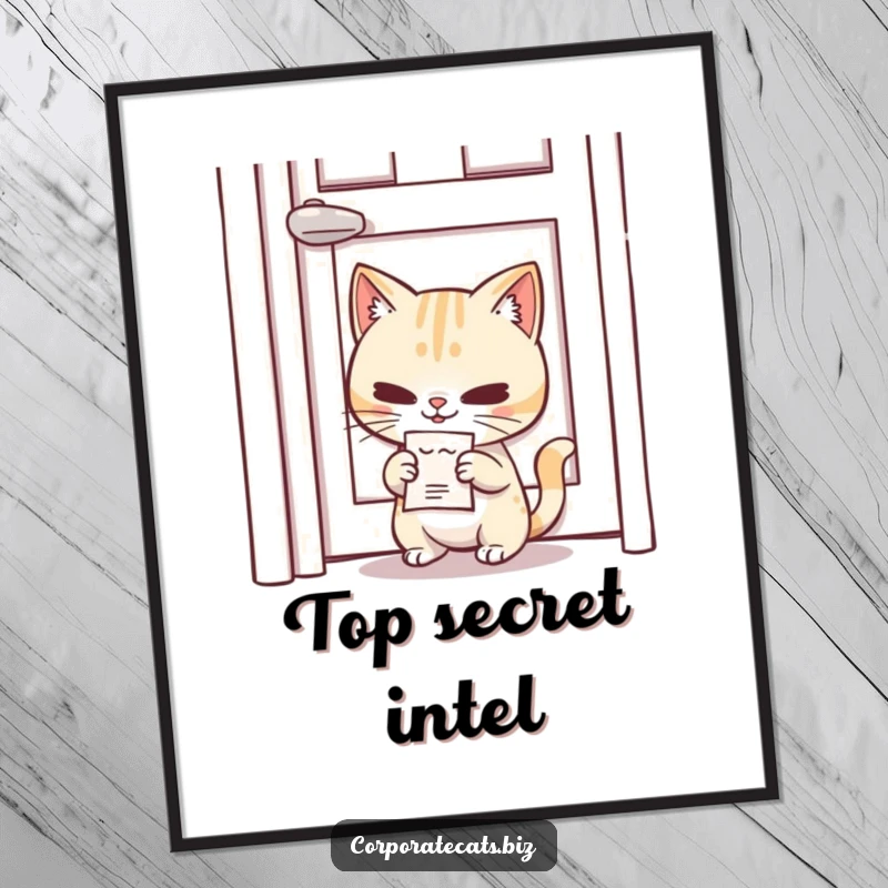 Funny Secret Agent Cat Digital Art: a mischievous cat character slipping a tiny memo under a door, downloadable wall art.