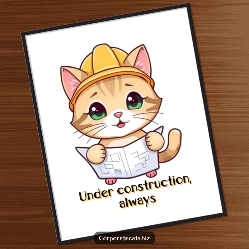 Funny Construction Cat Digital Art: a playful cat character in a hard hat, inspecting a blueprint, downloadable wall art.