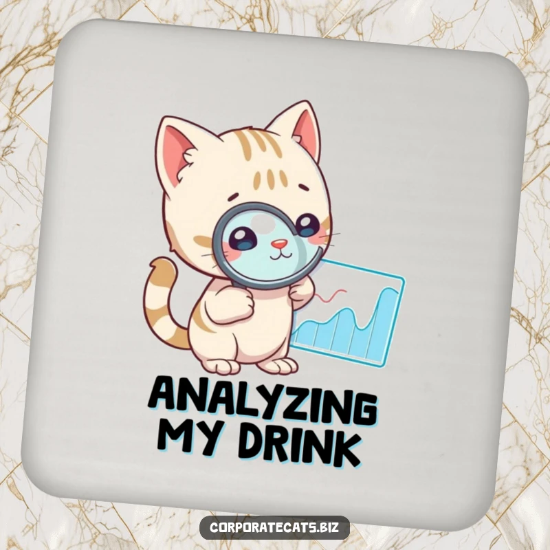 Funny cat with a magnifying glass studying a graph, humorously protecting surfaces on a durable drink coaster.