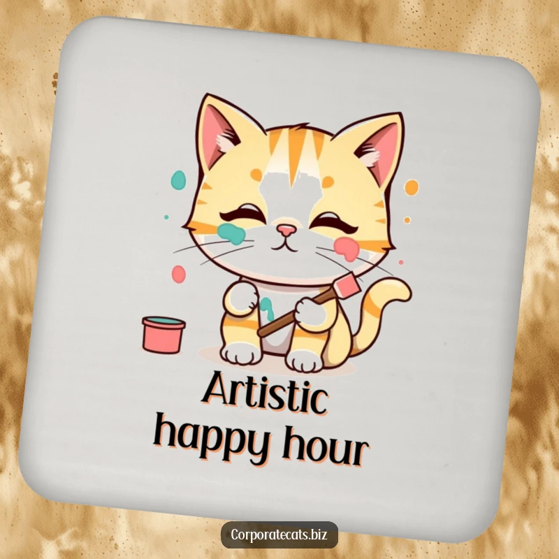 Funny Coaster: A cat artist smears paint on its face, with the paint pattern illustrating the colorful chaos. Protects surfaces.