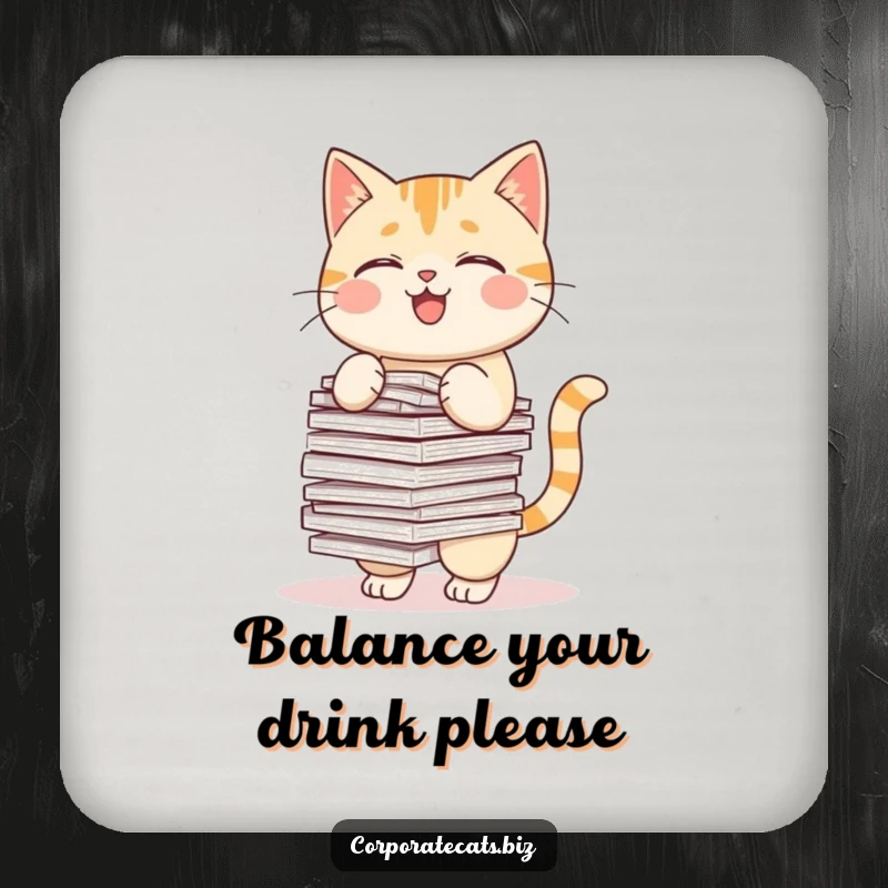 Funny drink coaster featuring a cat precariously balancing a stack of papers, protecting surfaces with humor.
