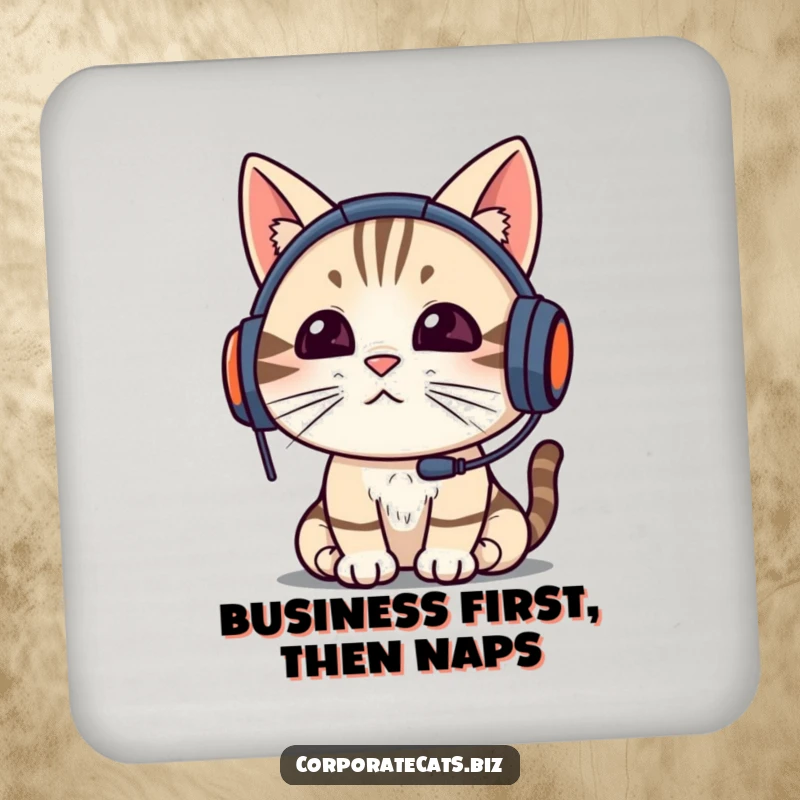 Funny cat with headset on a video call, on a protective drink coaster, adding humor to coffee tables, a fun funny gift.