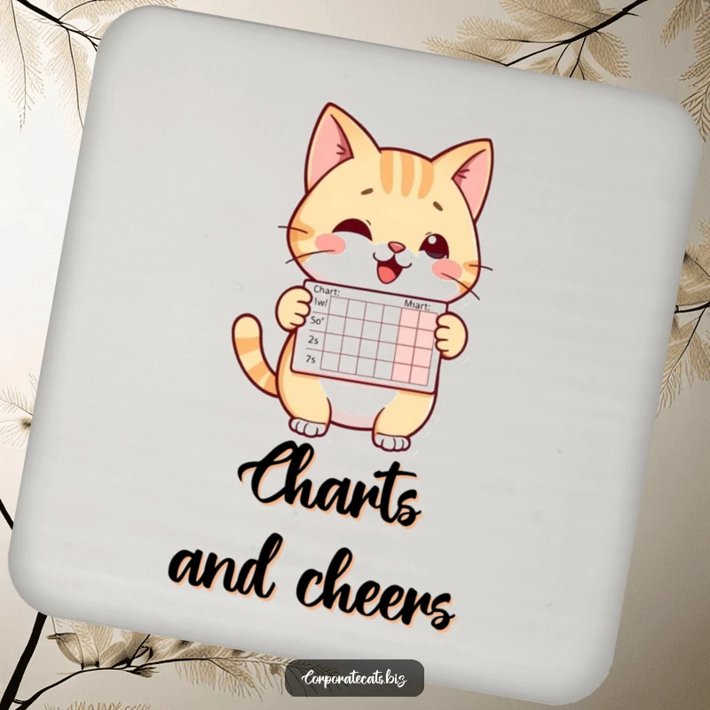 Funny drink coaster featuring a cheerful cat character presenting a small chart. Protects surfaces with professional humor.