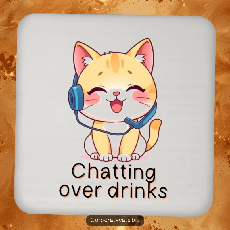 Funny drink coasters depicting a delighted cat with a headset on a pretend phone call, offering humorous protection for tables.