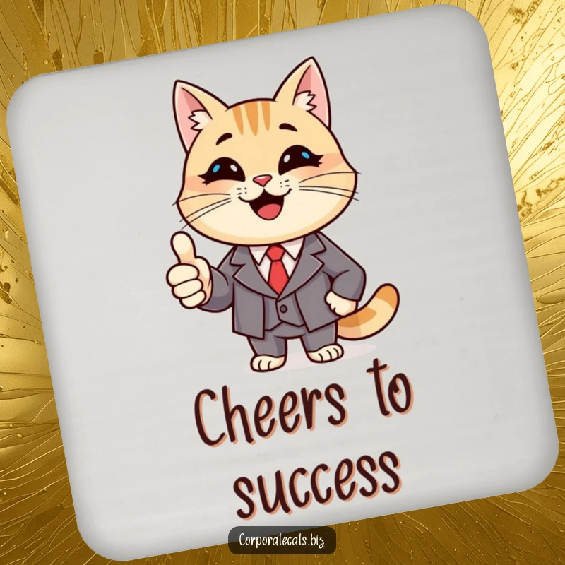 Funny Success Cat Coaster: a smiling cat character in a suit, giving a thumbs up, perfect for drinks.