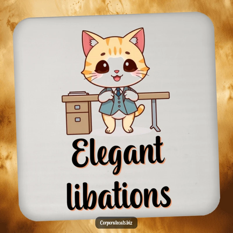 Funny drink coasters depicting a smiling cat wearing a tiny suit, crossing legs elegantly, offering humorous protection for tables.