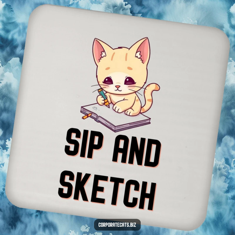 Funny cat artist drink coaster, a creative cat artist sketches notes on a tiny notepad, protecting surfaces with style.