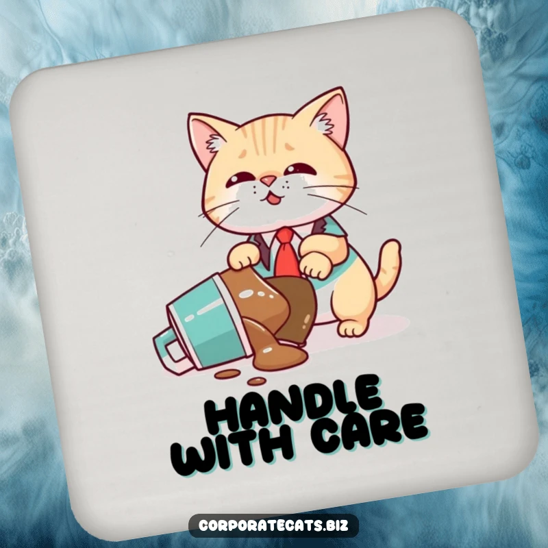 Funny Coaster: A cat executive spills coffee on a desk, with the spill pattern on the coaster. Protects surfaces.