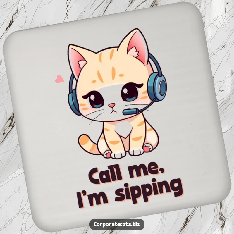 Funny Cat Gamer Coaster: Protective coaster showcasing a cat wearing a headset, engrossed in a video call, perfect for gaming desks.