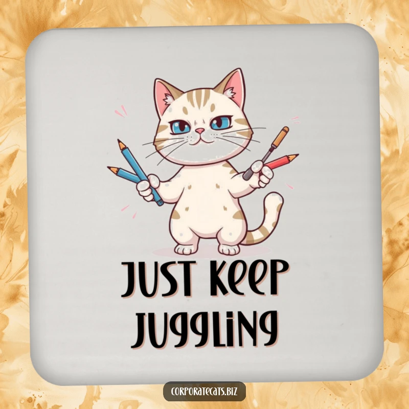 Funny coaster set showing a determined cat juggling multiple pens, offering humorous protection for tables.