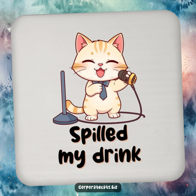 Funny Coaster: A cat presenter trips over a cord, with the spill pattern illustrating the cord's path. Protects surfaces.