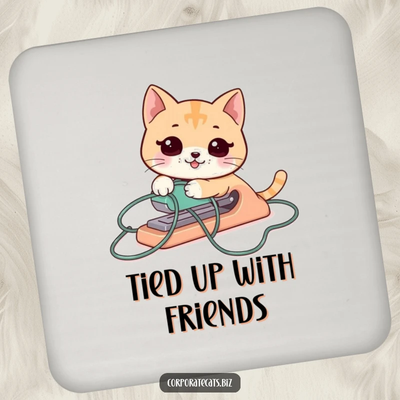 Funny cat stapler coaster, comically tangled by its cord, protecting surfaces with office-related humor.