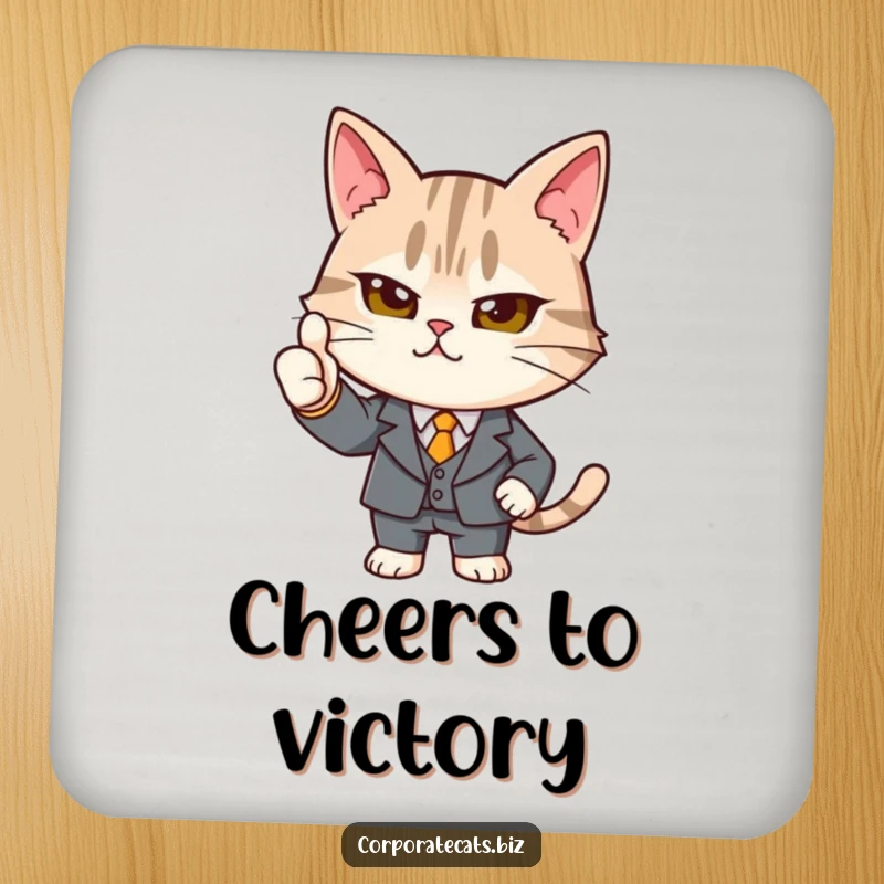 Funny determined cat coaster in a tiny suit giving a strong thumbs-up, protecting surfaces with humorous professionalism and feline approval, a unique gift.