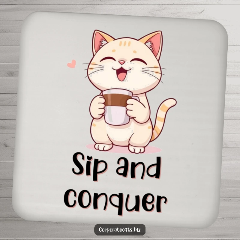 Funny drink coaster with a triumphant cat character holding a miniature coffee cup, protecting surfaces with a humorous design.
