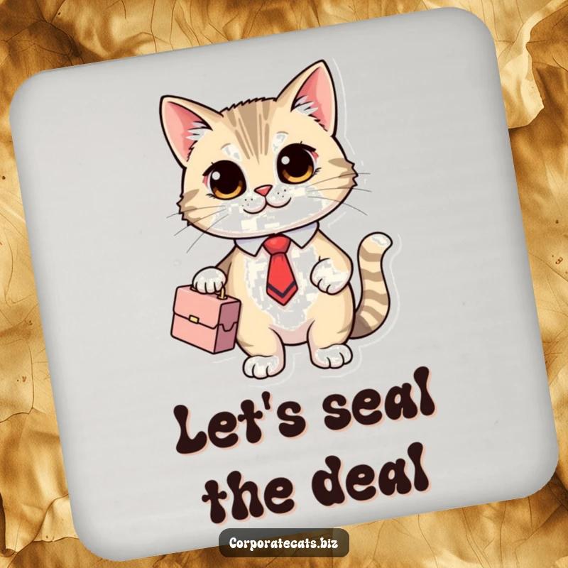 Funny Executive Cat Coaster: a cute cat character in a tiny tie holding a briefcase, protecting surfaces with style.