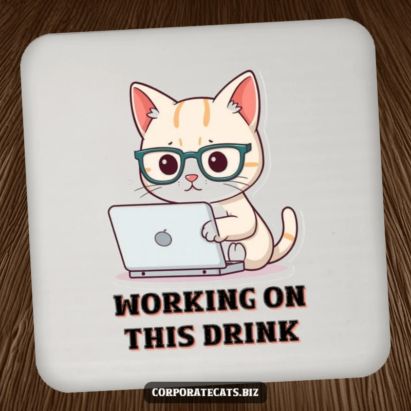 Funny focused cat coaster wearing tiny glasses, typing on a miniature laptop, protecting surfaces with humorous focus and feline intellect, a unique gift.