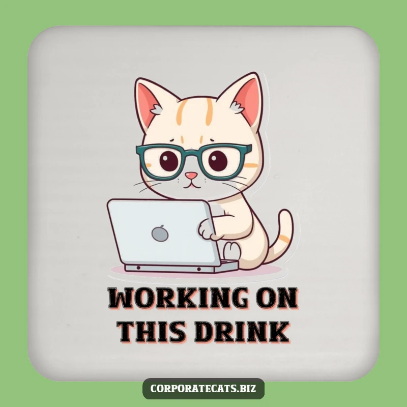 Funny Focused Cat Laptop Glasses Coaster: Tabletop Focus & Feline Humor