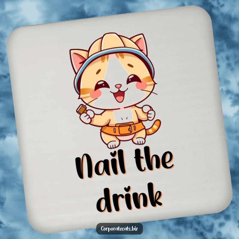 Funny cat wearing a hard hat and holding a hammer, humorously guarding drinks on a protective coaster for tables.