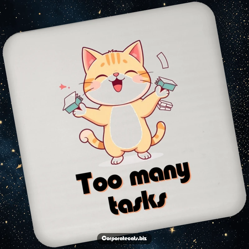 Funny drink coasters displaying a cheerful cat juggling paper stacks, offering humorous protection for tables from beverage rings.